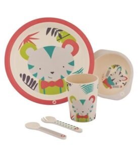 Bebe Confort – Coffret repas en Bambou (Assiette, bol, verre, cuillère, fourchette) – Jungle Vibes (18M +)