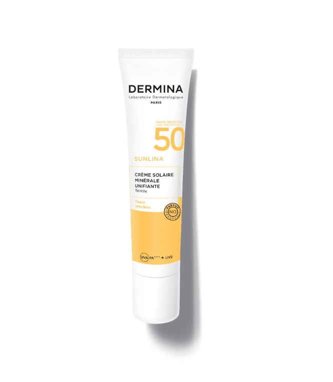 Design-sans-titre-3_1.png Dermina - Sunlina - Crème Solaire Minéral Unifiante SPF50 40ml – Image 1