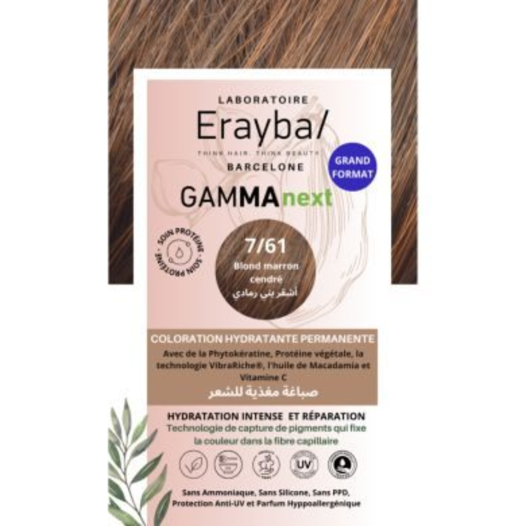 Erayba-Gamma-next-Coloration-761-Blond-fonce-marron.png Erayba Gamma next Coloration 7/61 Blond fonce marron Coloration Hydratante Permanente – Image 1