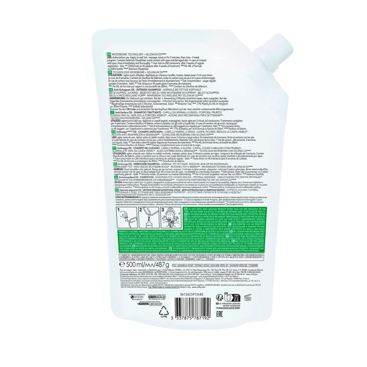 VICHY DERCOS TECHNIQUE ECO-RECHARGE SHAMPOOING ANTIPELLICULAIRE CHEVEUX GRAS 390ML – Image 2