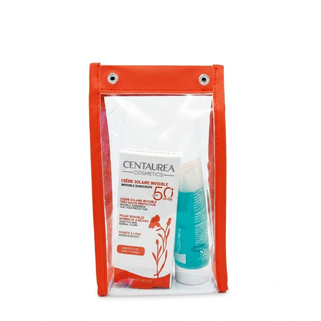 Centaurea-Cr-Solaire-Invisible-spf5050mlGel-Moussant-Ech-Trousse.png Centaurea Trousse Solaire Duo Crème Solaire Invisible SPF 50+ 50 ml + Gel Moussant Format Voyage Offert – Image 1